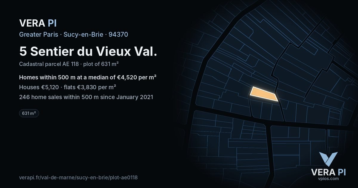 5 Sentier du Vieux Val, Sucy-en-Brie at night – the plot lit, the parcels around coloured by the prices near them