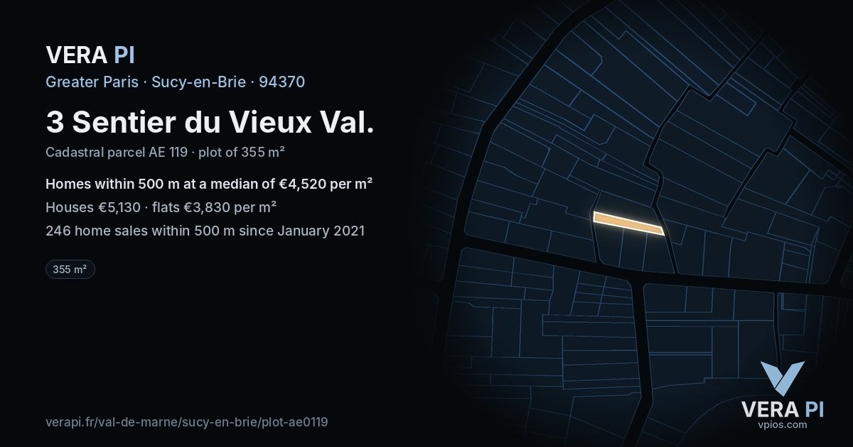 3 Sentier du Vieux Val, Sucy-en-Brie at night – the plot lit, the parcels around coloured by the prices near them