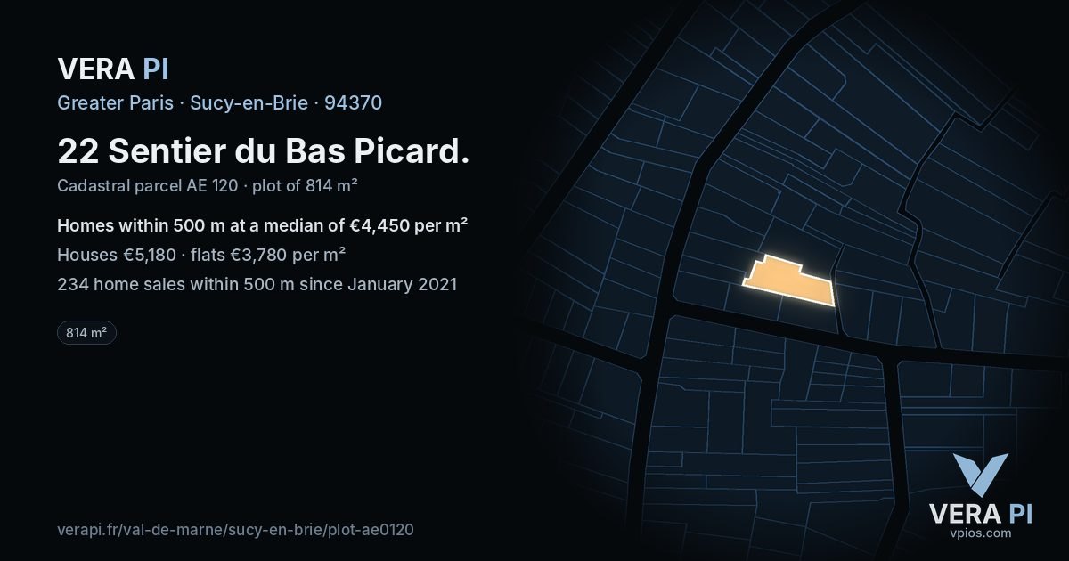 22 Sentier du Bas Picard, Sucy-en-Brie at night – the plot lit, the parcels around coloured by the prices near them