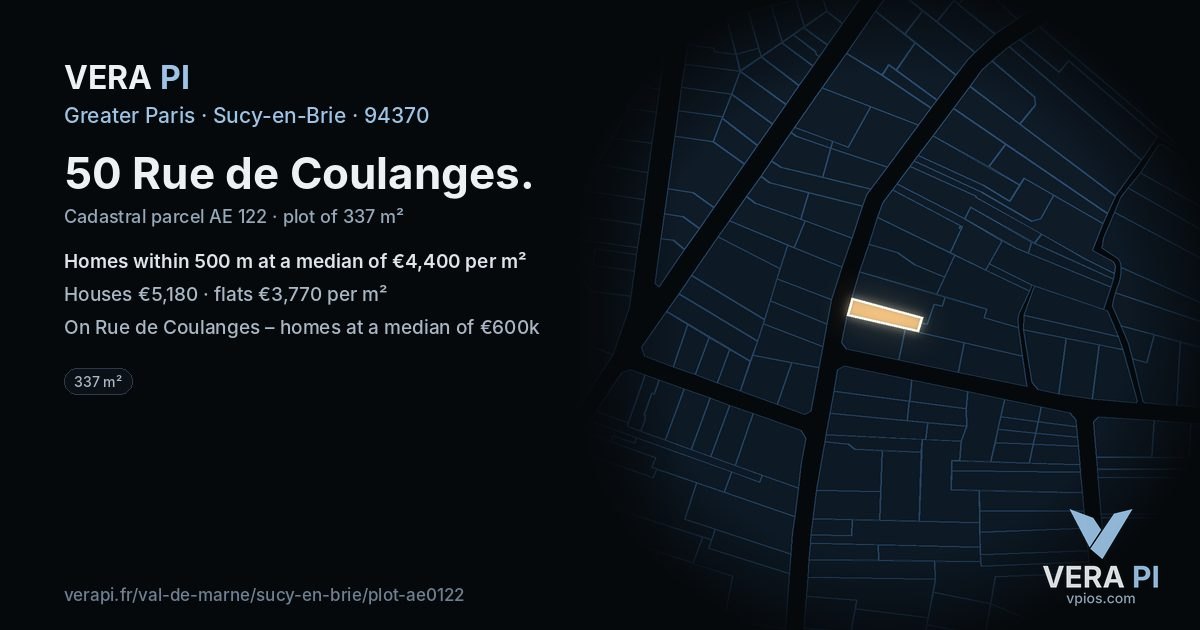 50 Rue de Coulanges, Sucy-en-Brie at night – the plot lit, the parcels around coloured by the prices near them