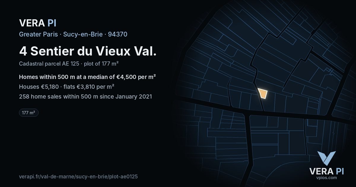 4 Sentier du Vieux Val, Sucy-en-Brie at night – the plot lit, the parcels around coloured by the prices near them