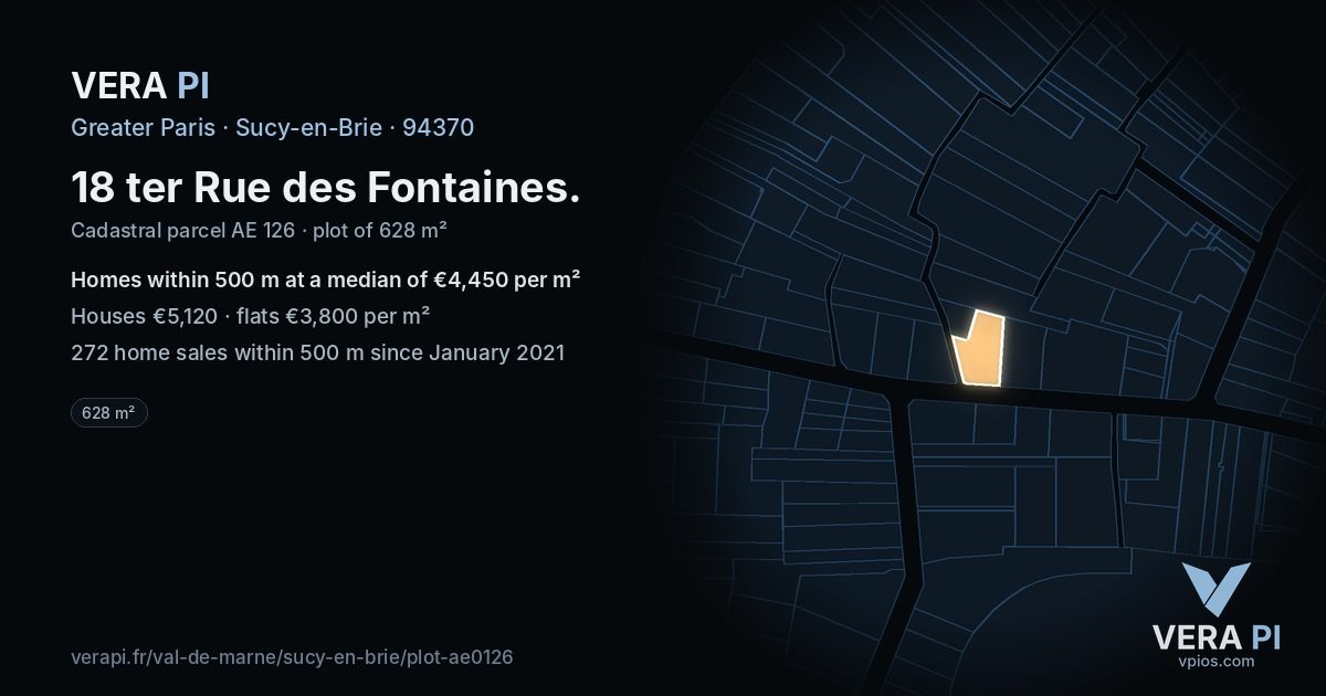 18 ter Rue des Fontaines, Sucy-en-Brie at night – the plot lit, the parcels around coloured by the prices near them