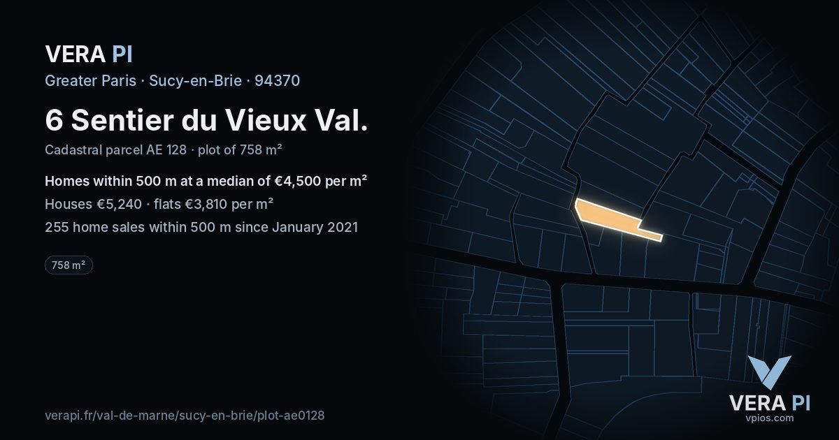 6 Sentier du Vieux Val, Sucy-en-Brie at night – the plot lit, the parcels around coloured by the prices near them
