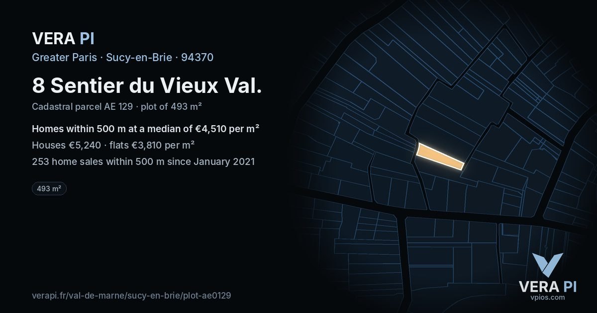 8 Sentier du Vieux Val, Sucy-en-Brie at night – the plot lit, the parcels around coloured by the prices near them