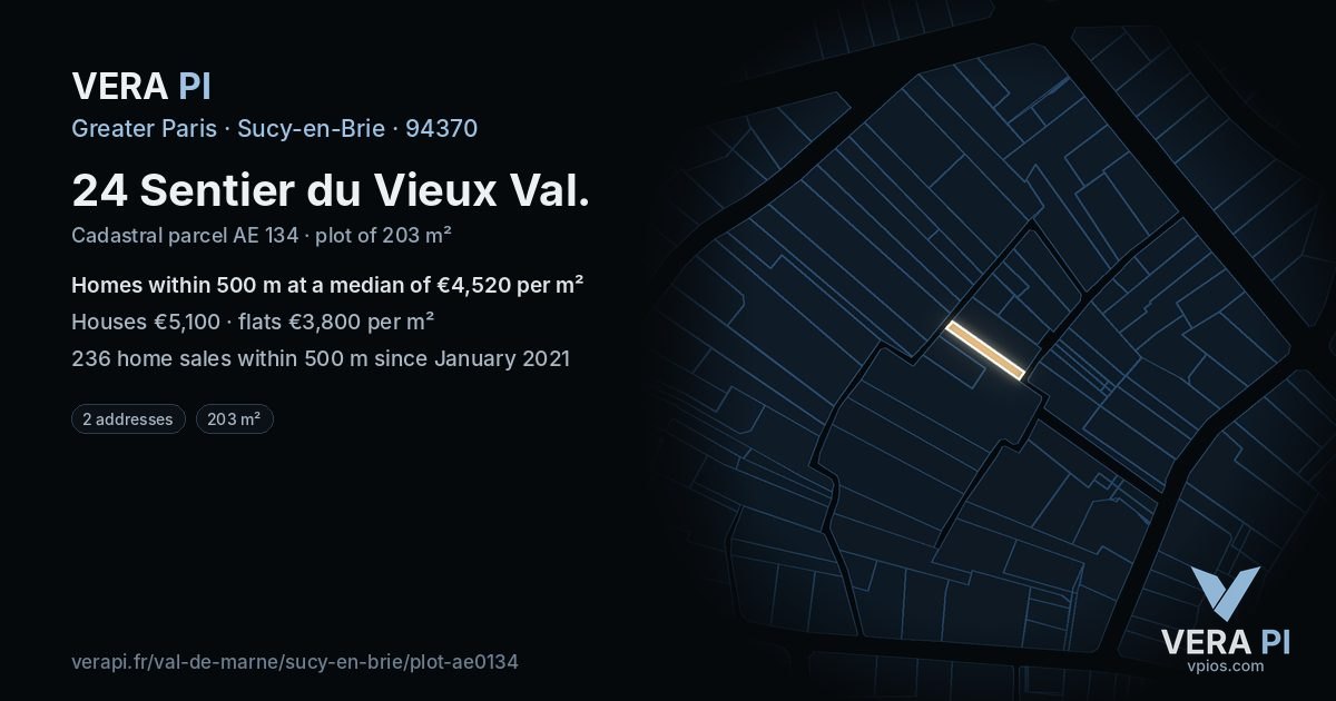 24 Sentier du Vieux Val, Sucy-en-Brie at night – the plot lit, the parcels around coloured by the prices near them