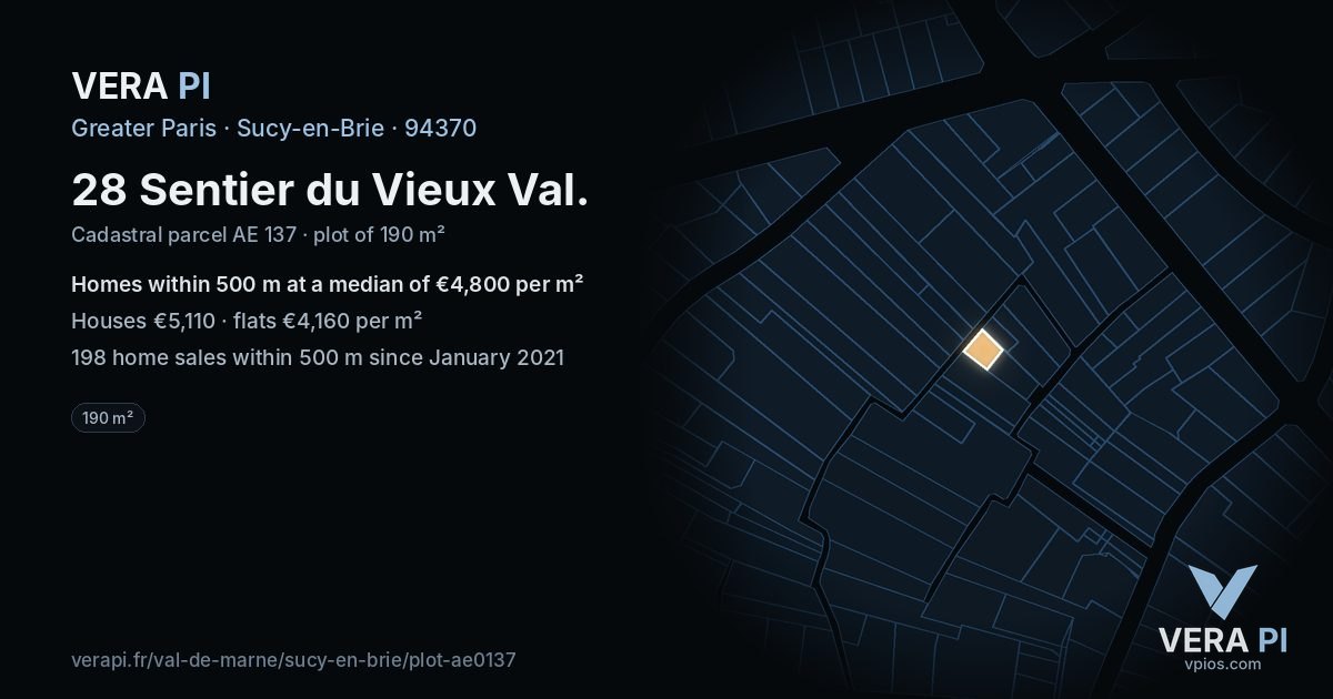 28 Sentier du Vieux Val, Sucy-en-Brie at night – the plot lit, the parcels around coloured by the prices near them