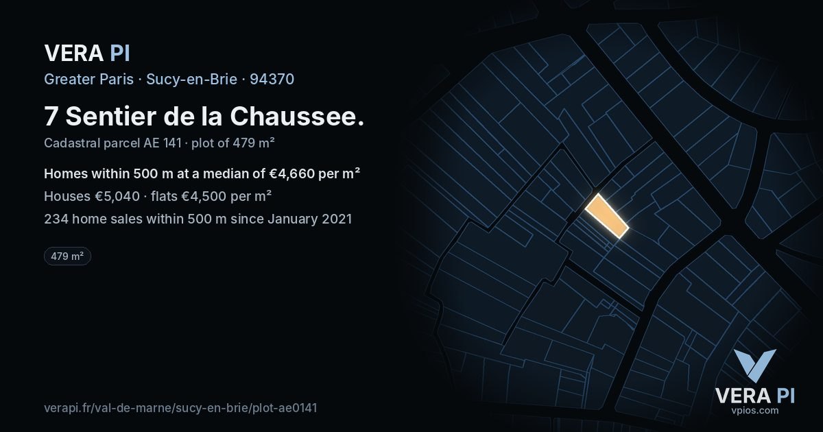 7 Sentier de la Chaussee, Sucy-en-Brie at night – the plot lit, the parcels around coloured by the prices near them