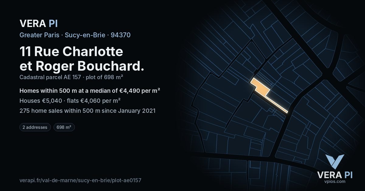 11 Rue Charlotte et Roger Bouchard, Sucy-en-Brie at night – the plot lit, the parcels around coloured by the prices near them