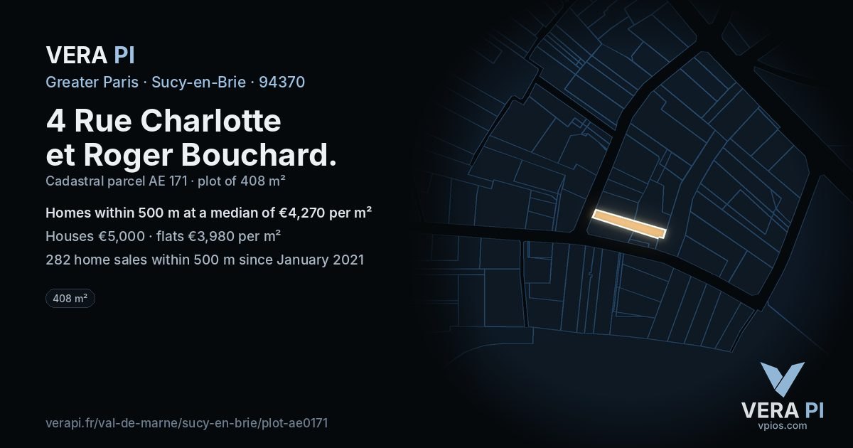 4 Rue Charlotte et Roger Bouchard, Sucy-en-Brie at night – the plot lit, the parcels around coloured by the prices near them