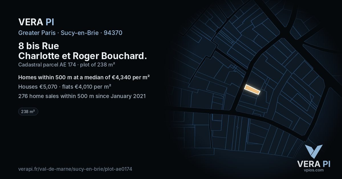 8 bis Rue Charlotte et Roger Bouchard, Sucy-en-Brie at night – the plot lit, the parcels around coloured by the prices near them