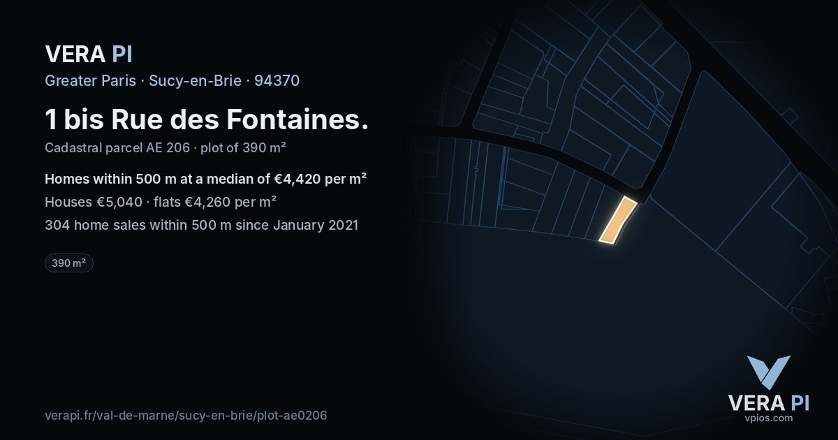 1 bis Rue des Fontaines, Sucy-en-Brie at night – the plot lit, the parcels around coloured by the prices near them