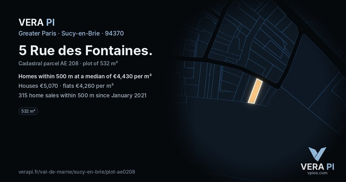 5 Rue des Fontaines, Sucy-en-Brie at night – the plot lit, the parcels around coloured by the prices near them