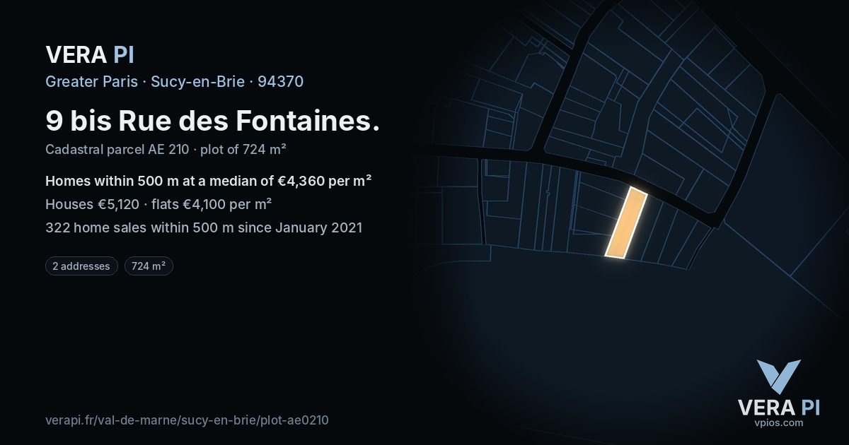 9 bis Rue des Fontaines, Sucy-en-Brie at night – the plot lit, the parcels around coloured by the prices near them