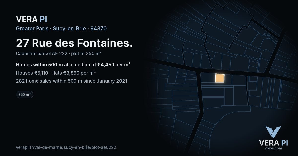 27 Rue des Fontaines, Sucy-en-Brie at night – the plot lit, the parcels around coloured by the prices near them