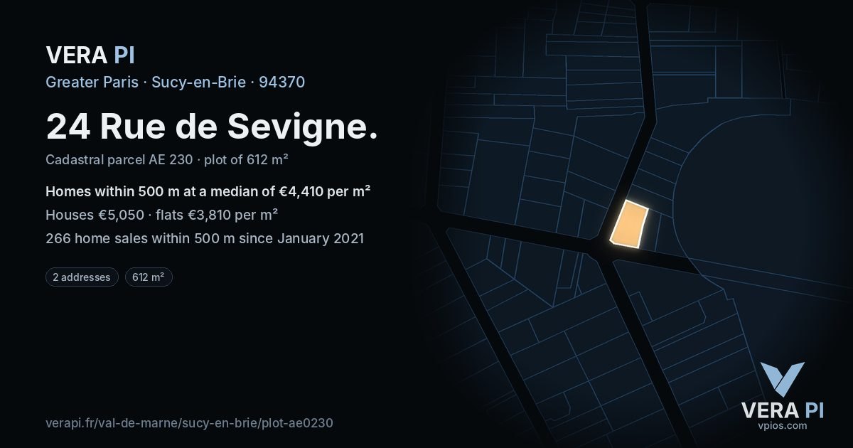 24 Rue de Sevigne, Sucy-en-Brie at night – the plot lit, the parcels around coloured by the prices near them