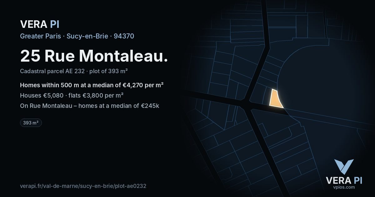 25 Rue Montaleau, Sucy-en-Brie at night – the plot lit, the parcels around coloured by the prices near them