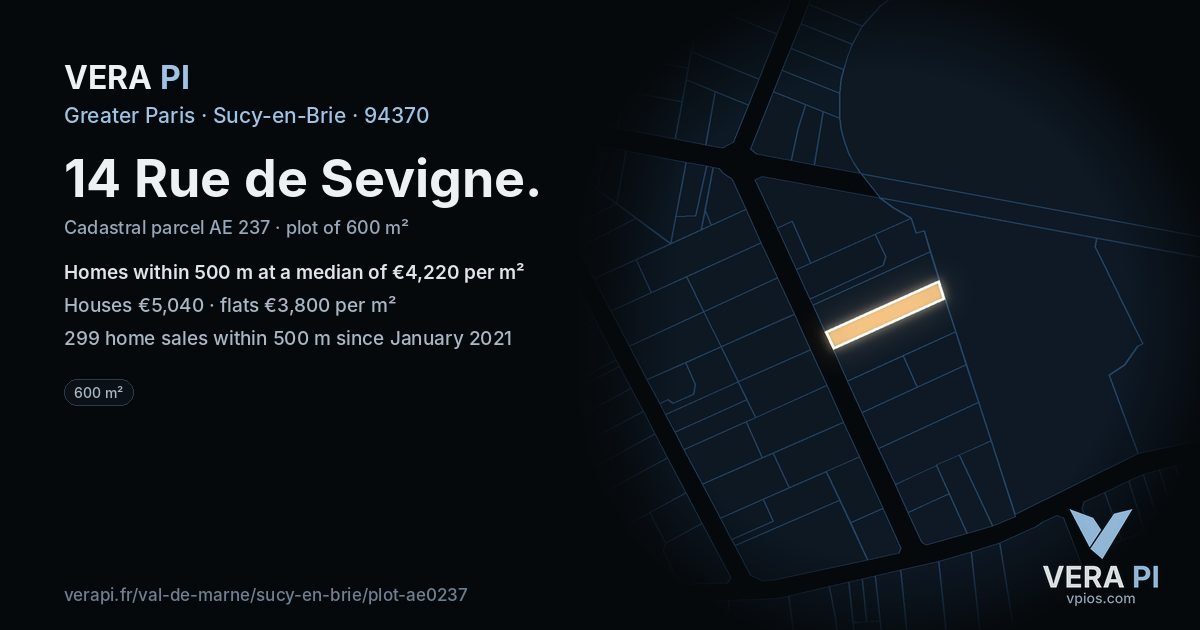 14 Rue de Sevigne, Sucy-en-Brie at night – the plot lit, the parcels around coloured by the prices near them