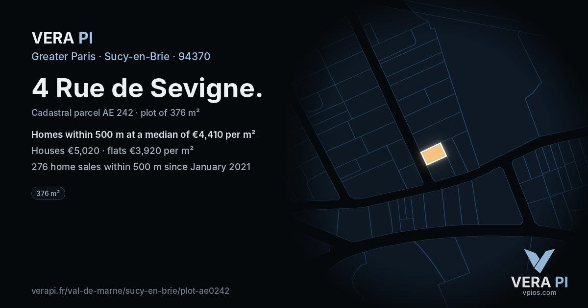 4 Rue de Sevigne, Sucy-en-Brie at night – the plot lit, the parcels around coloured by the prices near them