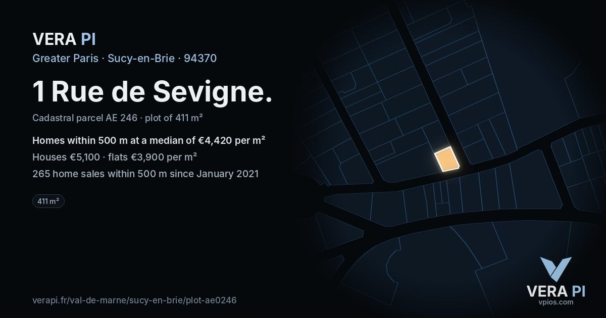 1 Rue de Sevigne, Sucy-en-Brie at night – the plot lit, the parcels around coloured by the prices near them