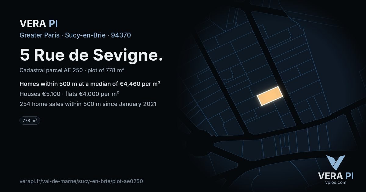 5 Rue de Sevigne, Sucy-en-Brie at night – the plot lit, the parcels around coloured by the prices near them
