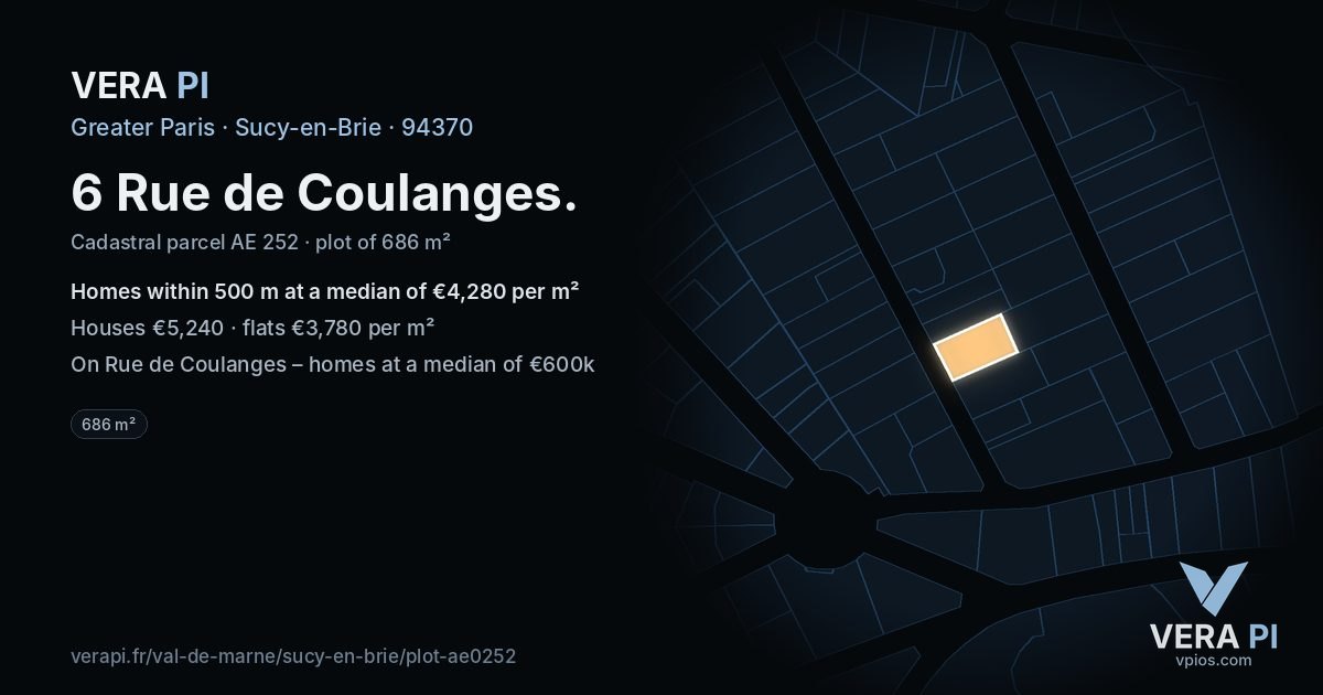 6 Rue de Coulanges, Sucy-en-Brie at night – the plot lit, the parcels around coloured by the prices near them