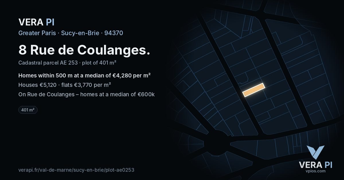 8 Rue de Coulanges, Sucy-en-Brie at night – the plot lit, the parcels around coloured by the prices near them