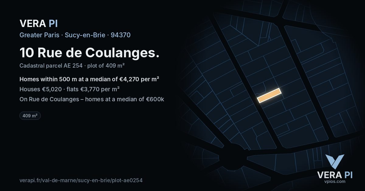 10 Rue de Coulanges, Sucy-en-Brie at night – the plot lit, the parcels around coloured by the prices near them