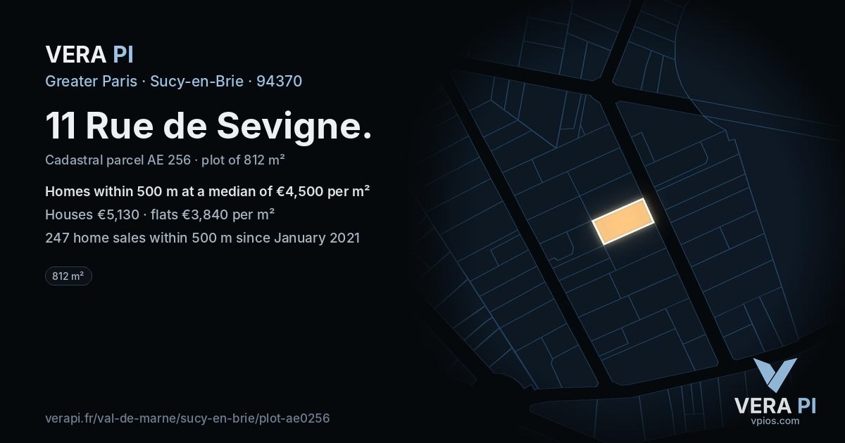 11 Rue de Sevigne, Sucy-en-Brie at night – the plot lit, the parcels around coloured by the prices near them
