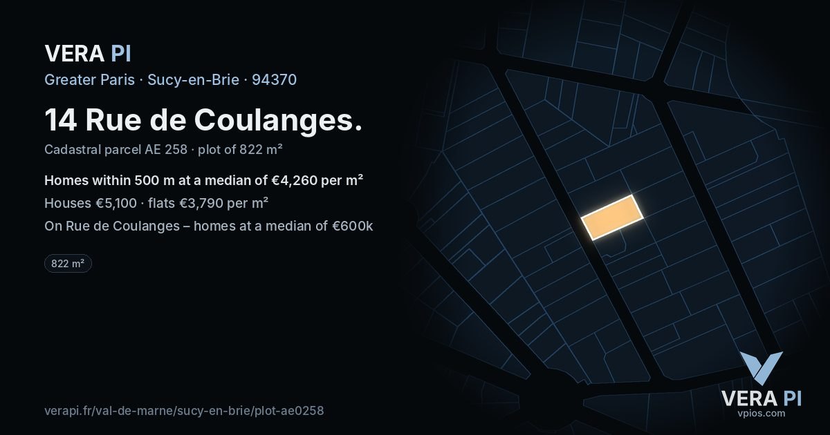 14 Rue de Coulanges, Sucy-en-Brie at night – the plot lit, the parcels around coloured by the prices near them