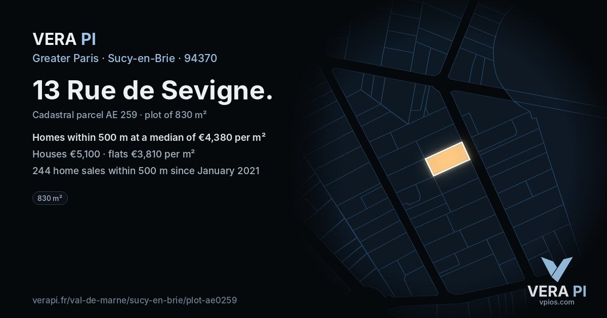 13 Rue de Sevigne, Sucy-en-Brie at night – the plot lit, the parcels around coloured by the prices near them