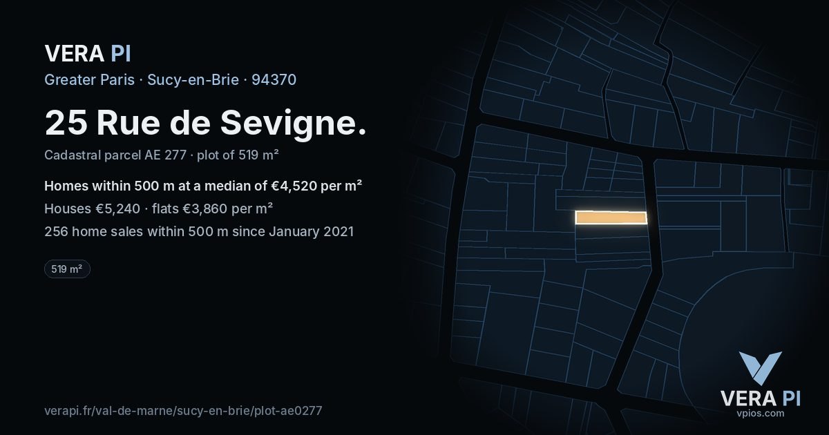 25 Rue de Sevigne, Sucy-en-Brie at night – the plot lit, the parcels around coloured by the prices near them