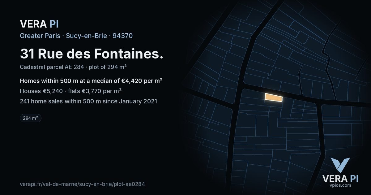 31 Rue des Fontaines, Sucy-en-Brie at night – the plot lit, the parcels around coloured by the prices near them