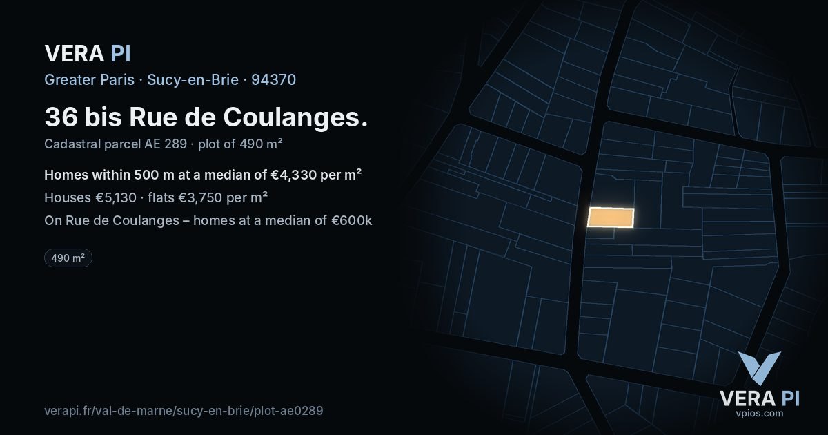 36 bis Rue de Coulanges, Sucy-en-Brie at night – the plot lit, the parcels around coloured by the prices near them