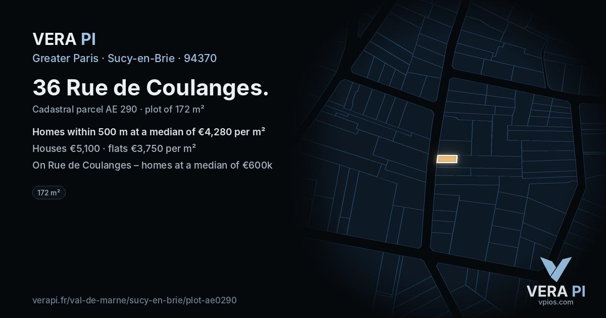 36 Rue de Coulanges, Sucy-en-Brie at night – the plot lit, the parcels around coloured by the prices near them