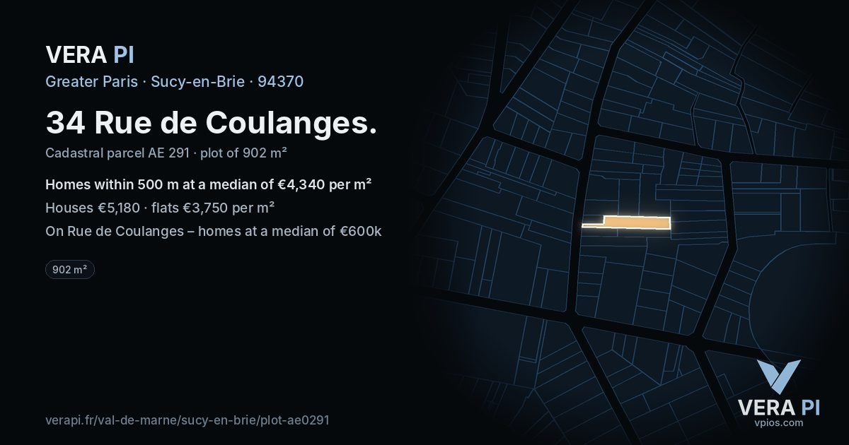 34 Rue de Coulanges, Sucy-en-Brie at night – the plot lit, the parcels around coloured by the prices near them