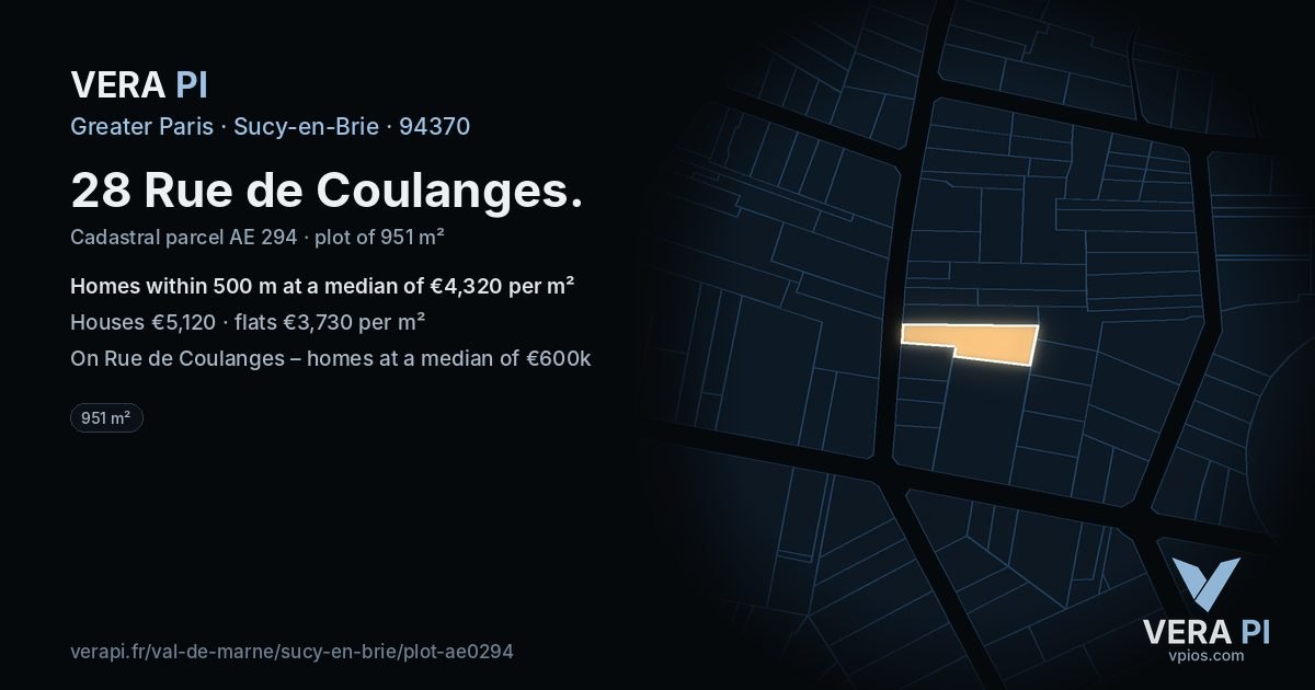 28 Rue de Coulanges, Sucy-en-Brie at night – the plot lit, the parcels around coloured by the prices near them