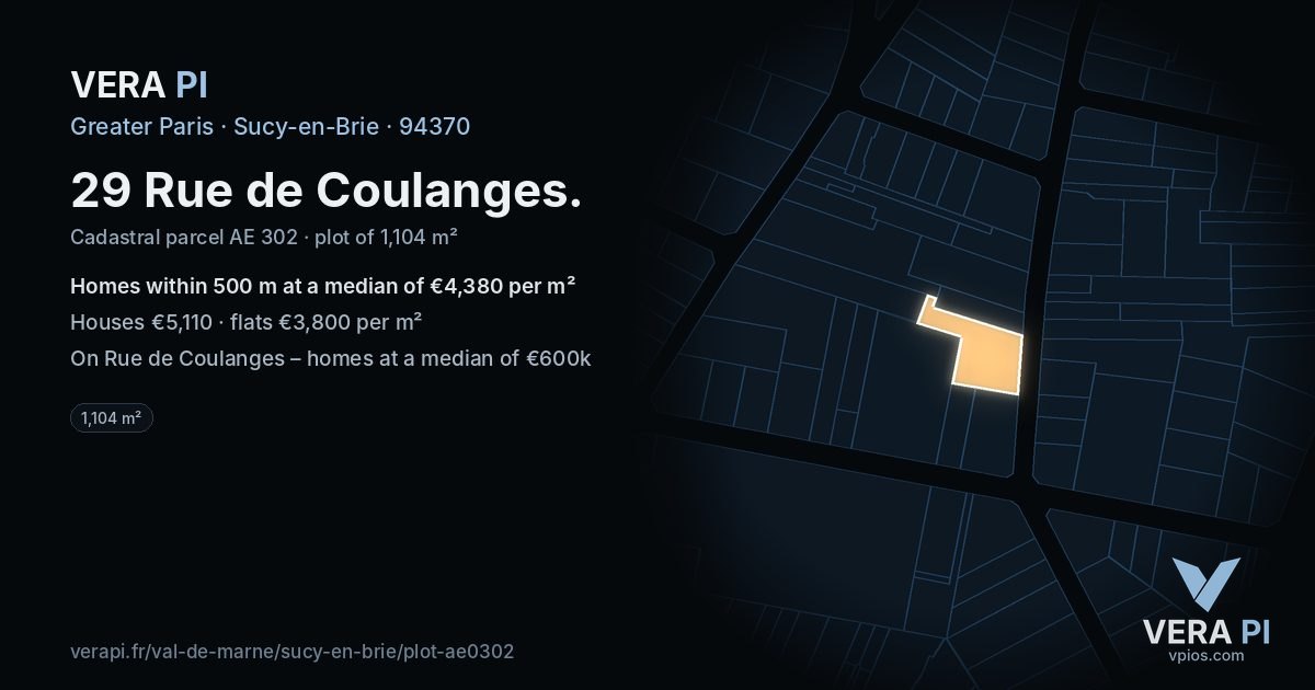 29 Rue de Coulanges, Sucy-en-Brie at night – the plot lit, the parcels around coloured by the prices near them