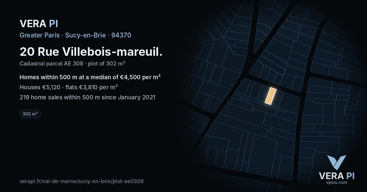 20 Rue Villebois-mareuil, Sucy-en-Brie at night – the plot lit, the parcels around coloured by the prices near them