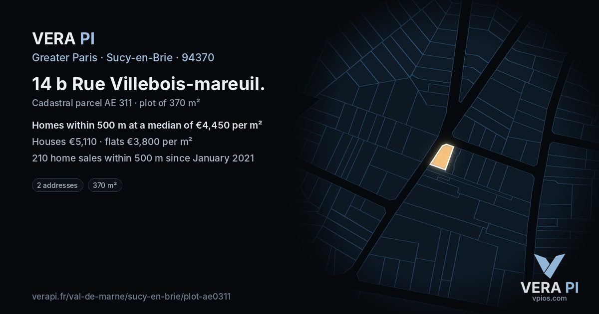 14 b Rue Villebois-mareuil, Sucy-en-Brie at night – the plot lit, the parcels around coloured by the prices near them