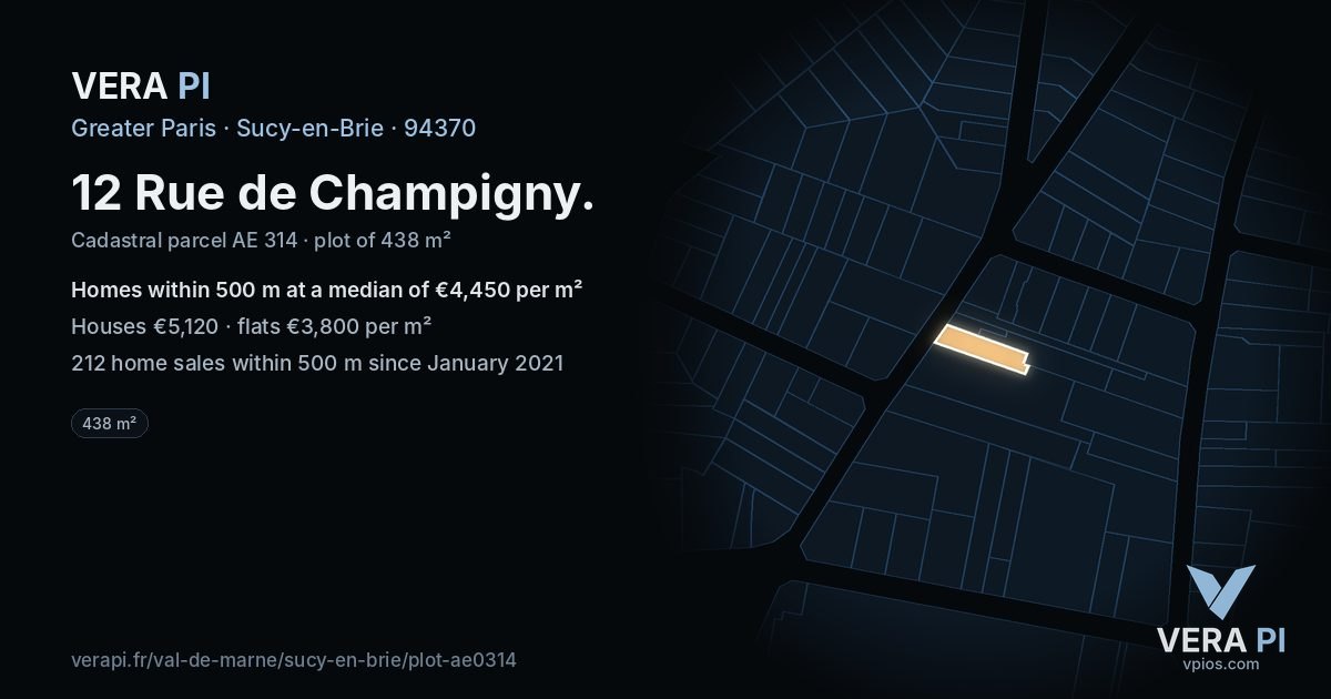 12 Rue de Champigny, Sucy-en-Brie at night – the plot lit, the parcels around coloured by the prices near them