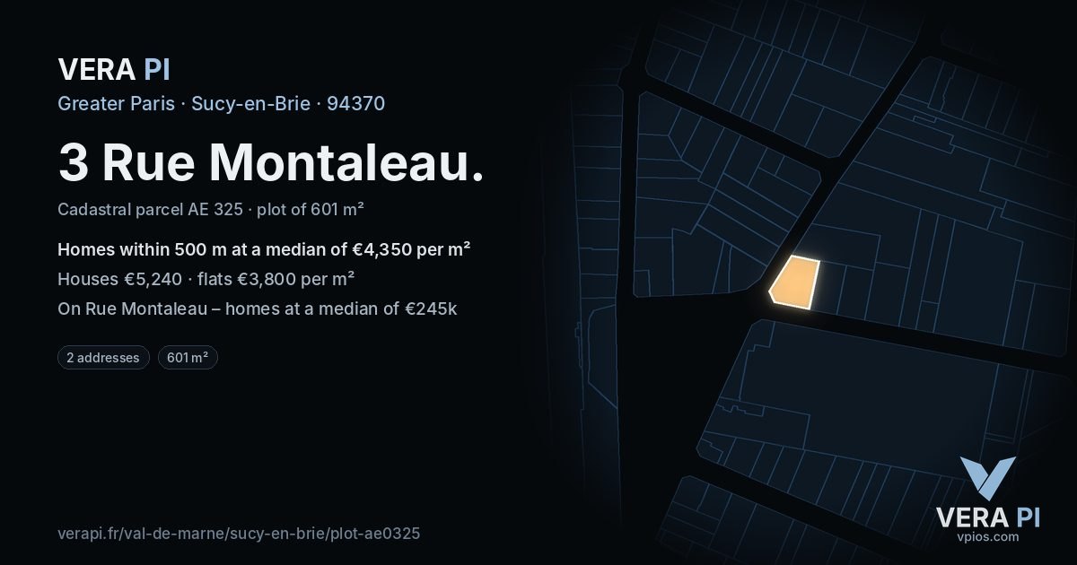 3 Rue Montaleau, Sucy-en-Brie at night – the plot lit, the parcels around coloured by the prices near them