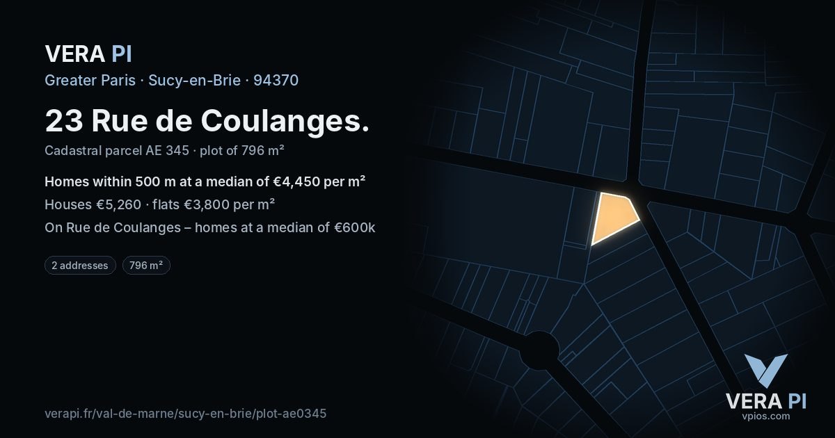 23 Rue de Coulanges, Sucy-en-Brie at night – the plot lit, the parcels around coloured by the prices near them