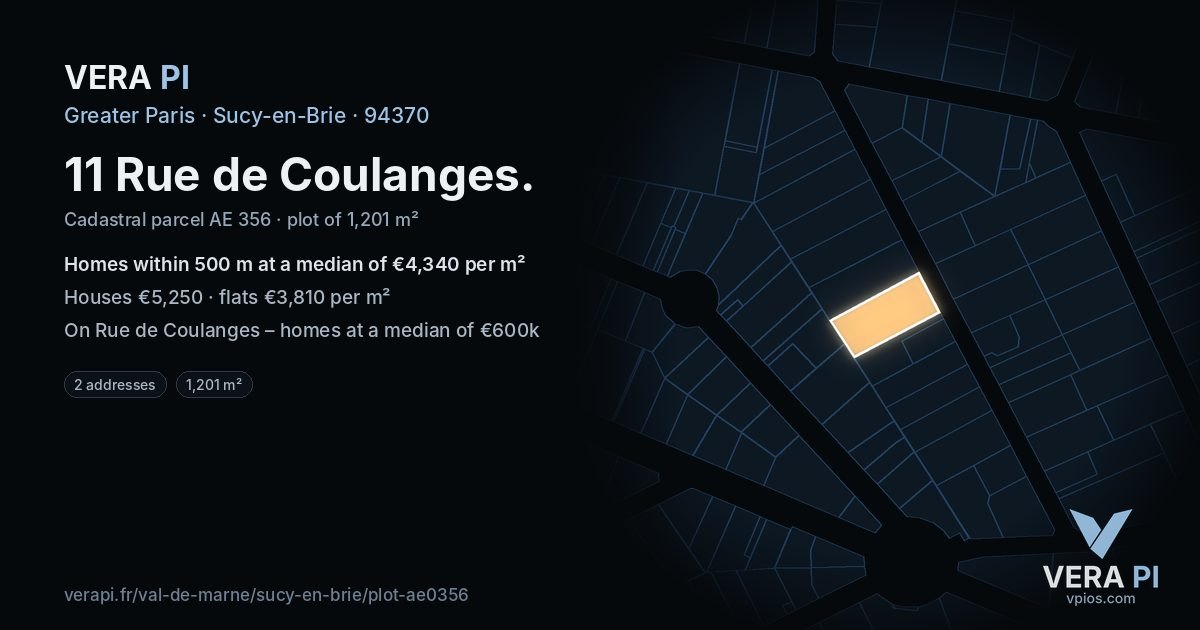 11 Rue de Coulanges, Sucy-en-Brie at night – the plot lit, the parcels around coloured by the prices near them