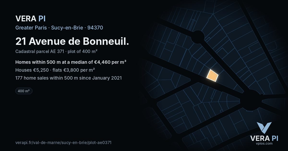 21 Avenue de Bonneuil, Sucy-en-Brie at night – the plot lit, the parcels around coloured by the prices near them