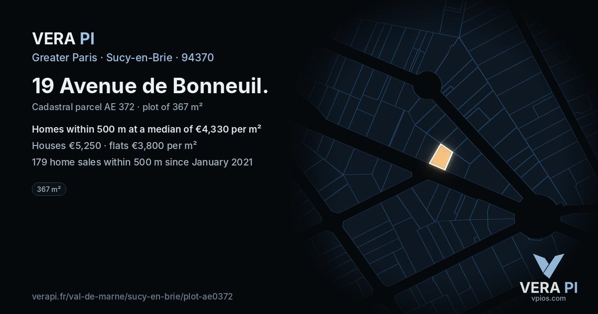 19 Avenue de Bonneuil, Sucy-en-Brie at night – the plot lit, the parcels around coloured by the prices near them