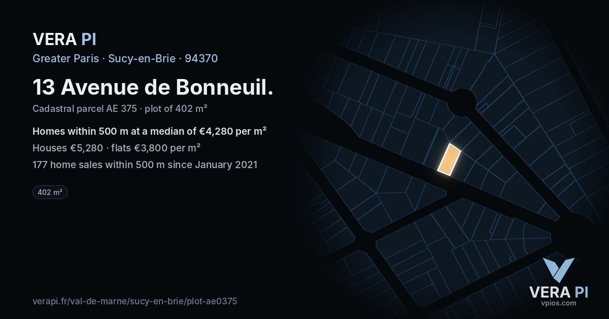 13 Avenue de Bonneuil, Sucy-en-Brie at night – the plot lit, the parcels around coloured by the prices near them