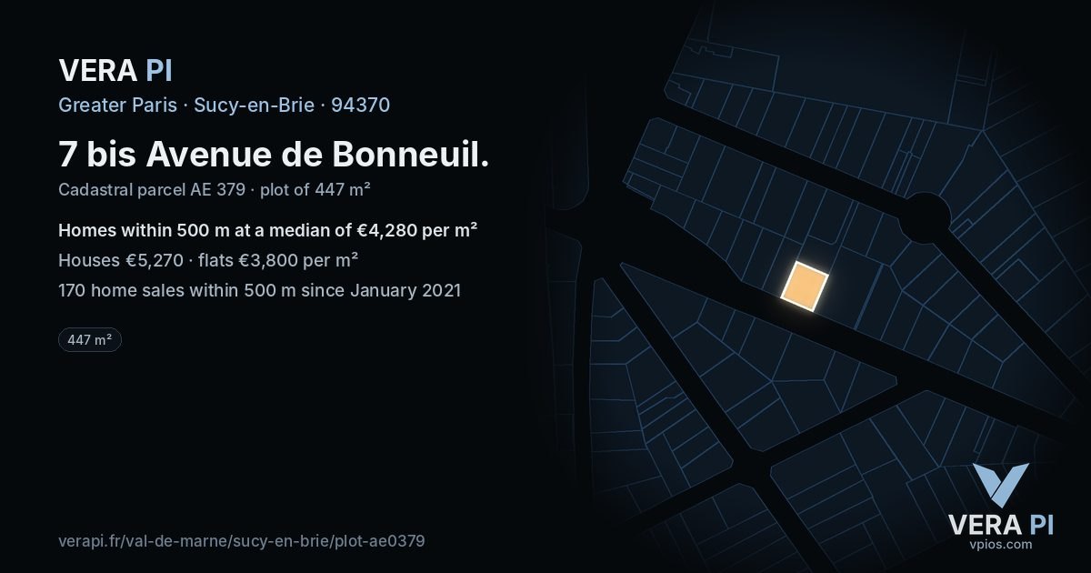 7 bis Avenue de Bonneuil, Sucy-en-Brie at night – the plot lit, the parcels around coloured by the prices near them