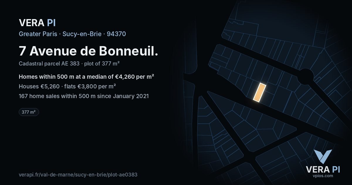 7 Avenue de Bonneuil, Sucy-en-Brie at night – the plot lit, the parcels around coloured by the prices near them