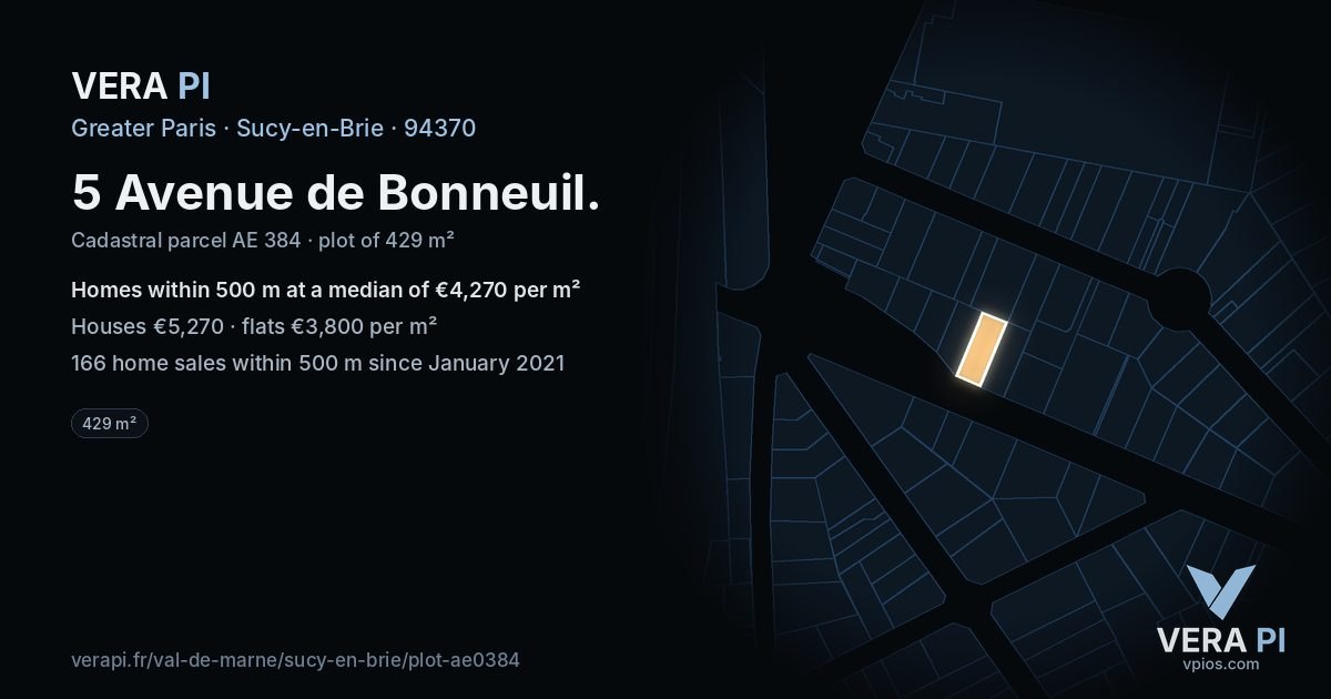 5 Avenue de Bonneuil, Sucy-en-Brie at night – the plot lit, the parcels around coloured by the prices near them