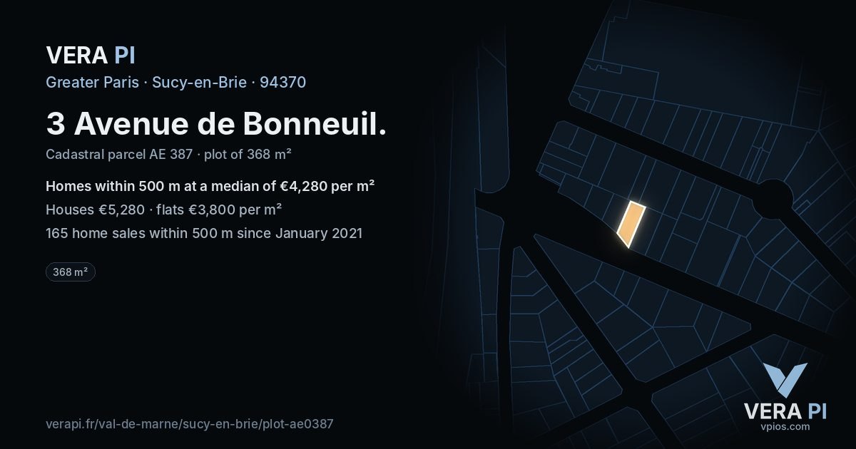 3 Avenue de Bonneuil, Sucy-en-Brie at night – the plot lit, the parcels around coloured by the prices near them
